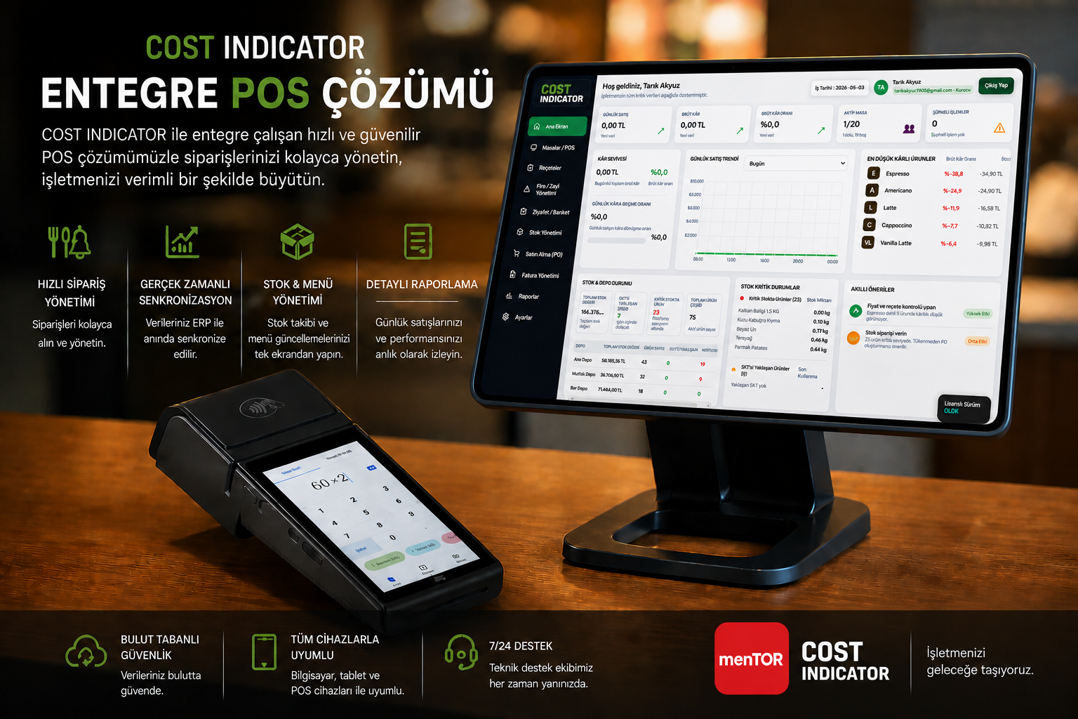 Cost Indicator sisteminin POS cihazlarıyla entegre çalıştığını anlatan tanıtım görseli